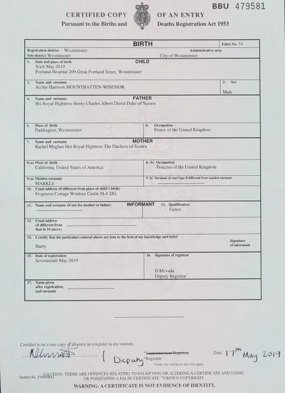 Archie birth certificate
